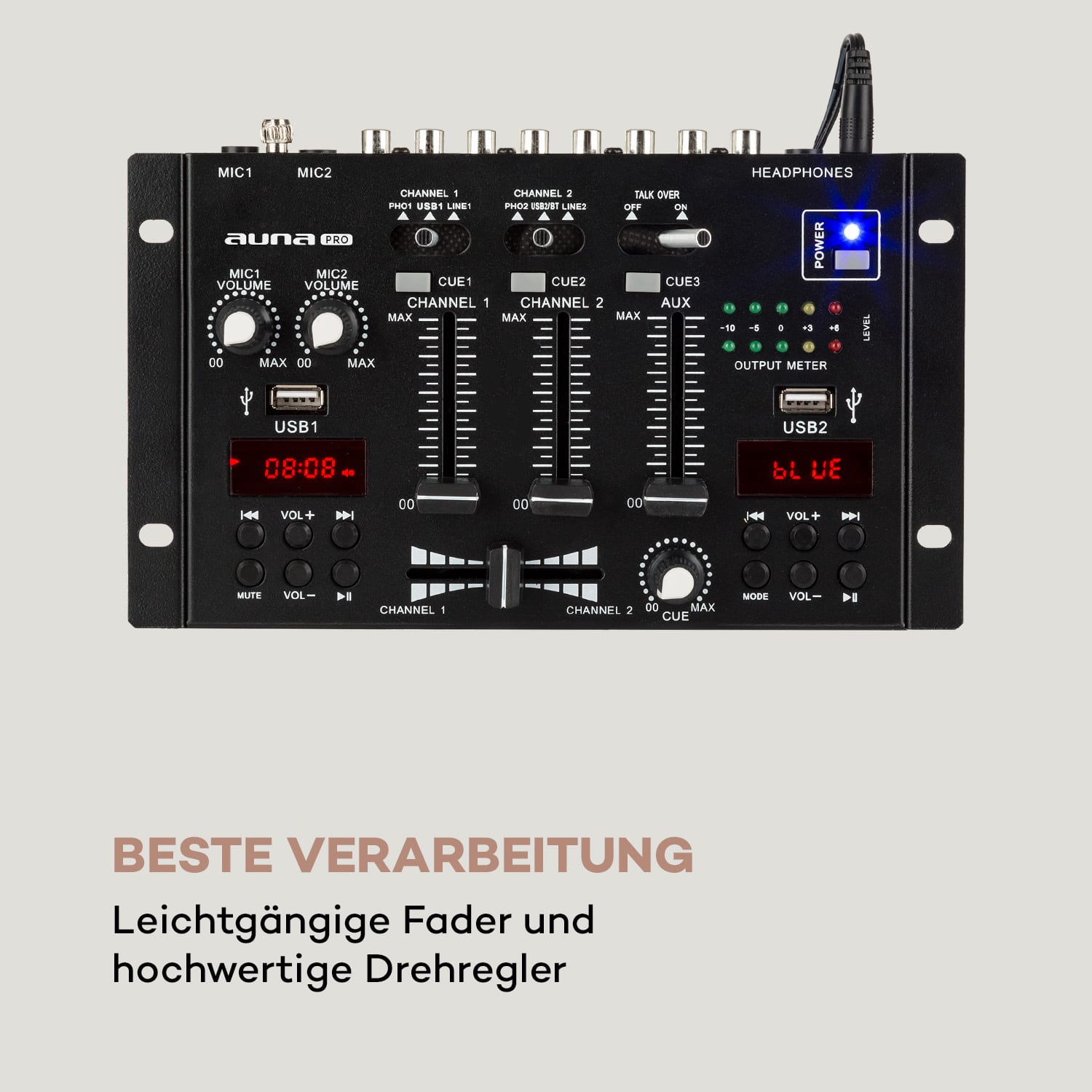 DJ-22BT MKII Mixer 3/2-Kanal-DJ-Mischpult BT 2xUSB Crossfader Talkover Schwarz