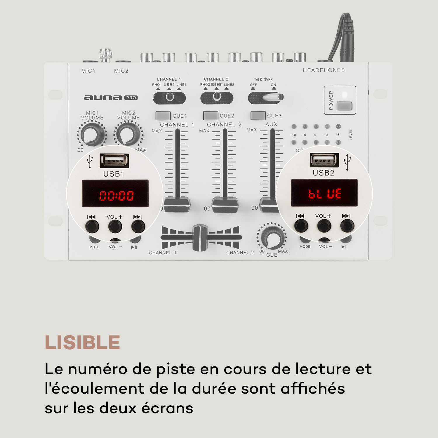 DJ-22BT MKII Table de mixage pour DJ 3/2 canaux BT 2x USB compatible rack blanche Blanc