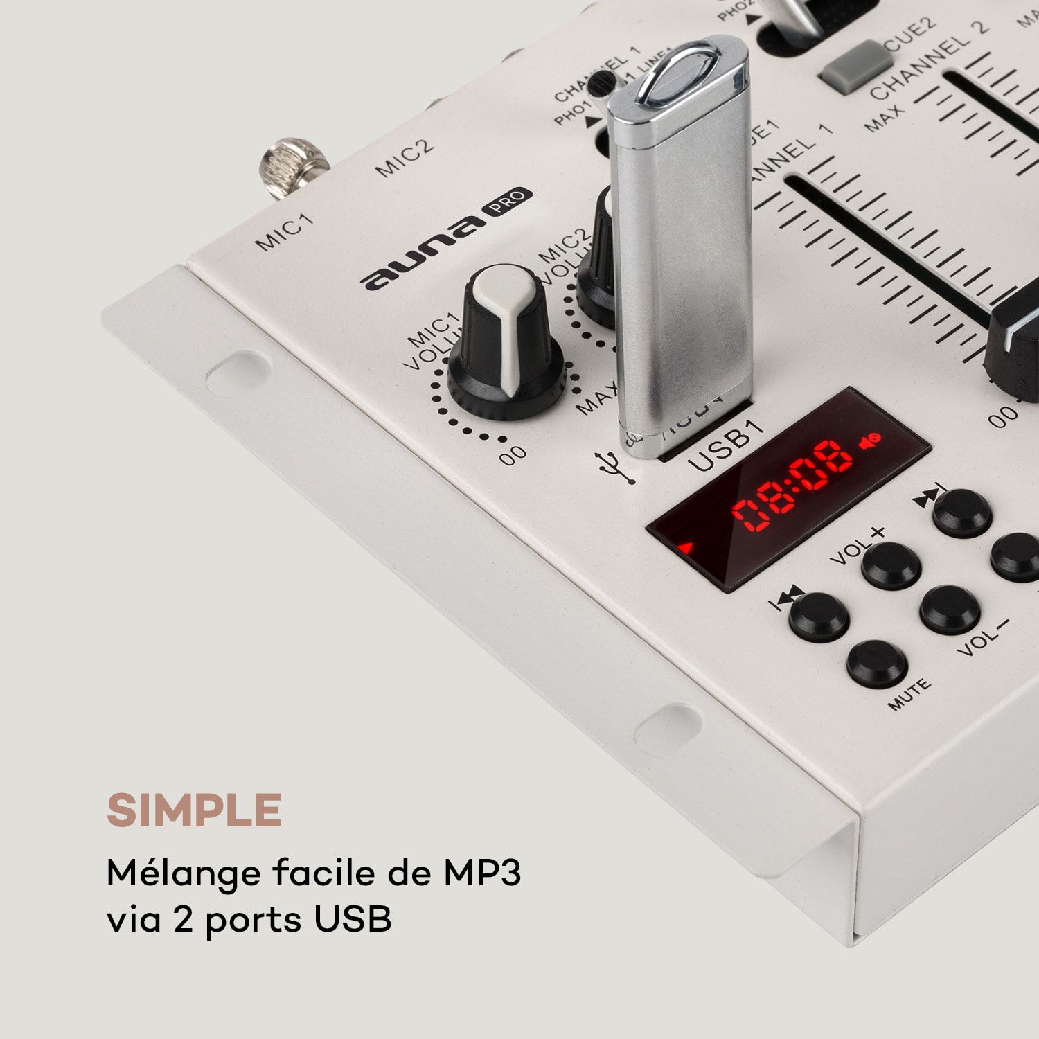 DJ-22BT MKII Table de mixage pour DJ 3/2 canaux BT 2x USB compatible rack blanche Blanc