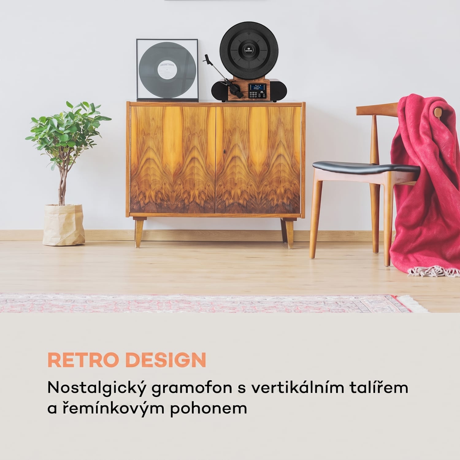 Verticalo, SE DAB, retro gramofon, DAB+, FM tuner, USB, BT, AUX, dřevo S bluetooth DAB + a FM tunerem