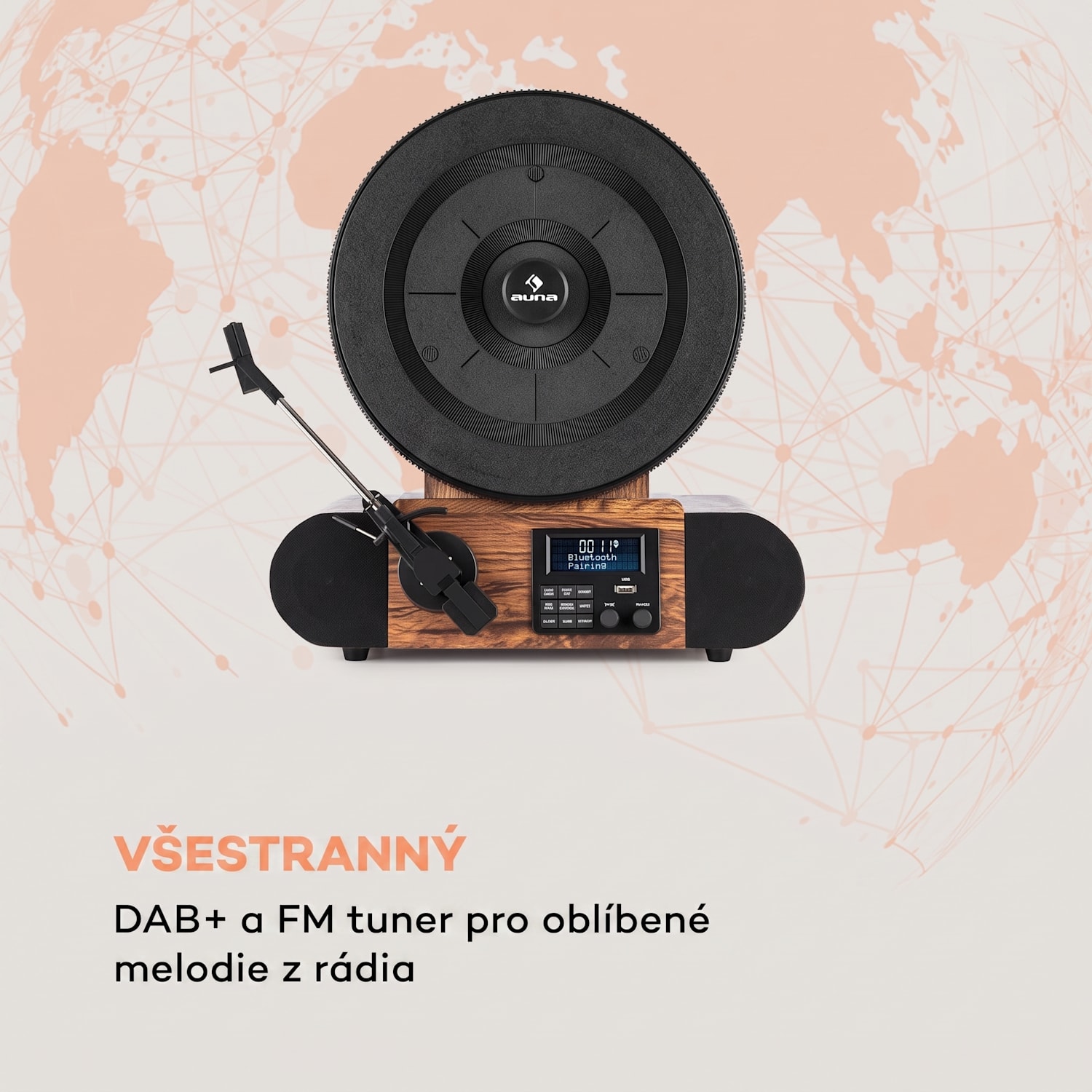 Verticalo, SE DAB, retro gramofon, DAB+, FM tuner, USB, BT, AUX, dřevo S bluetooth DAB + a FM tunerem
