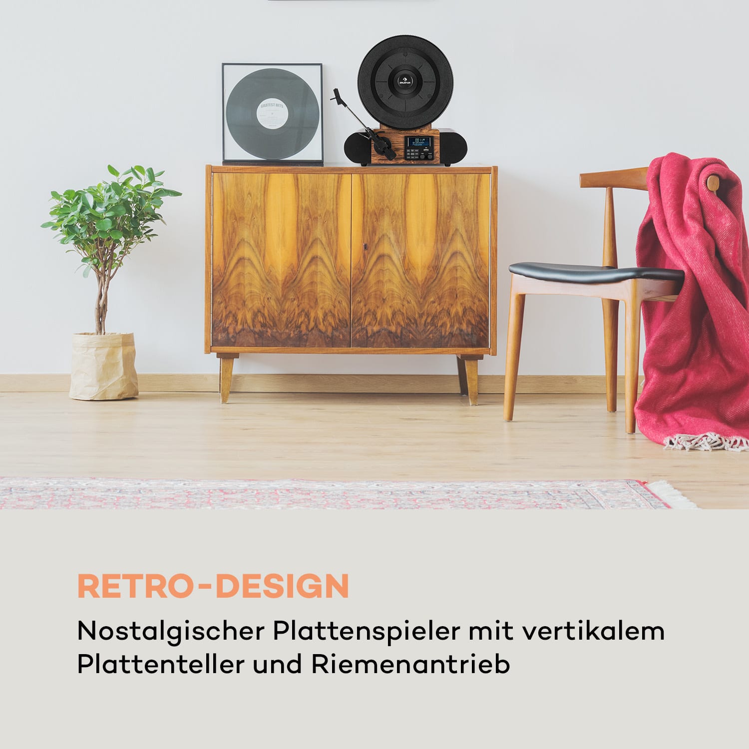 Verticalo SE DAB Retro-Plattenspieler DAB+ UKW-Tuner USB BT AUX holz Mit Bluetooth, DAB+ und UKW-Tuner