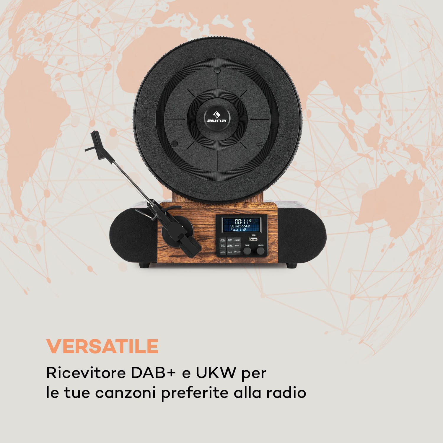 Verticalo SE DAB Giradischi Rétro DAB+ FM USB BT AUX legno Con bluetooth, sintonizzatore DAB+ e FM