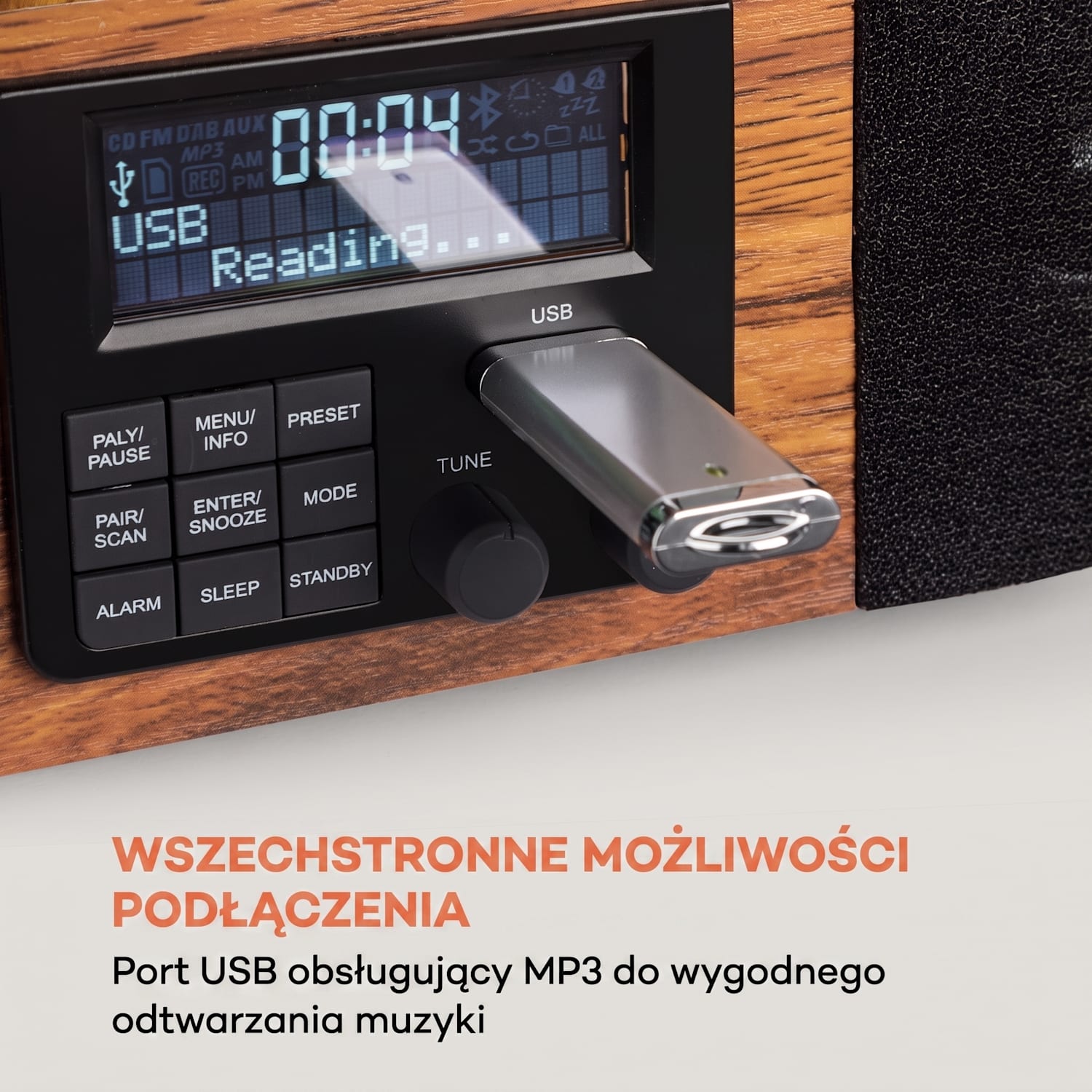 Verticalo SE DAB, gramofon retro, DAB+, tuner UKF, USB, Bluetooth, AUX, drewno Z bluetooth DAB + i tunerem FM