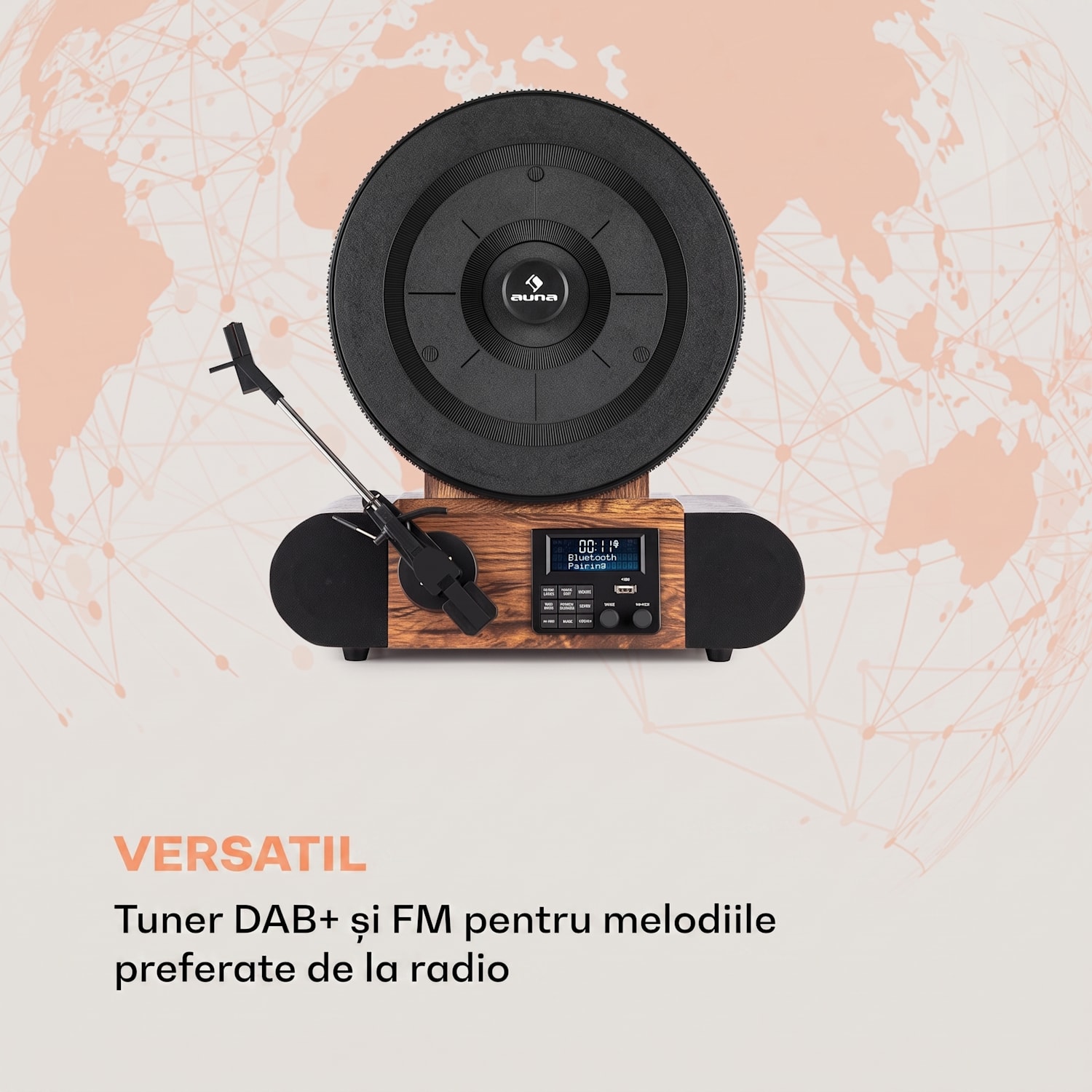Verticalo SE DAB, gramofon retro, DAB+, tuner FM, USB, BT, AUX, lemn Cu bluetooth DAB+ și tuner FM
