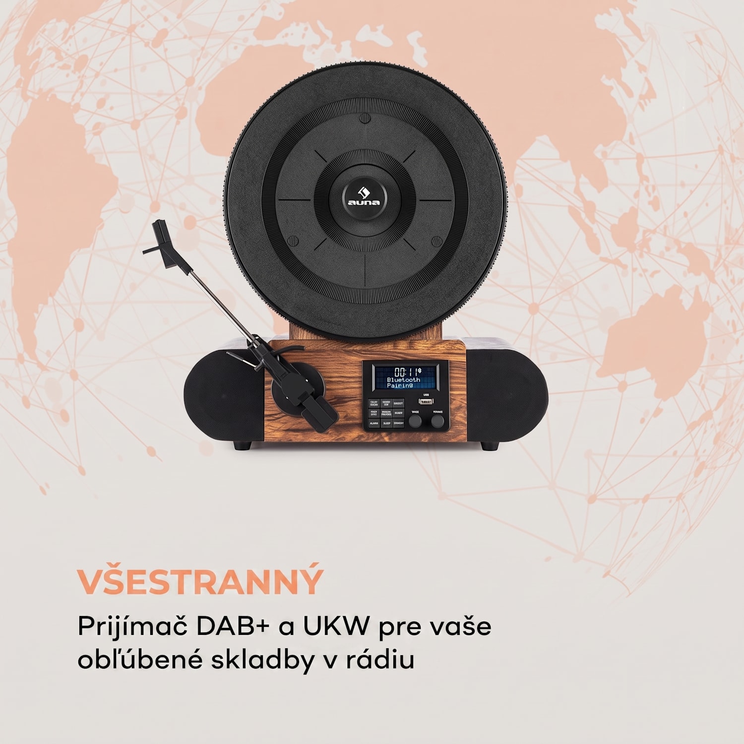 Verticalo SE DAB, retro gramofón, DAB+, FM tuner, USB, BT, AUX, drevo S bluetooth DAB+ a FM tunerom