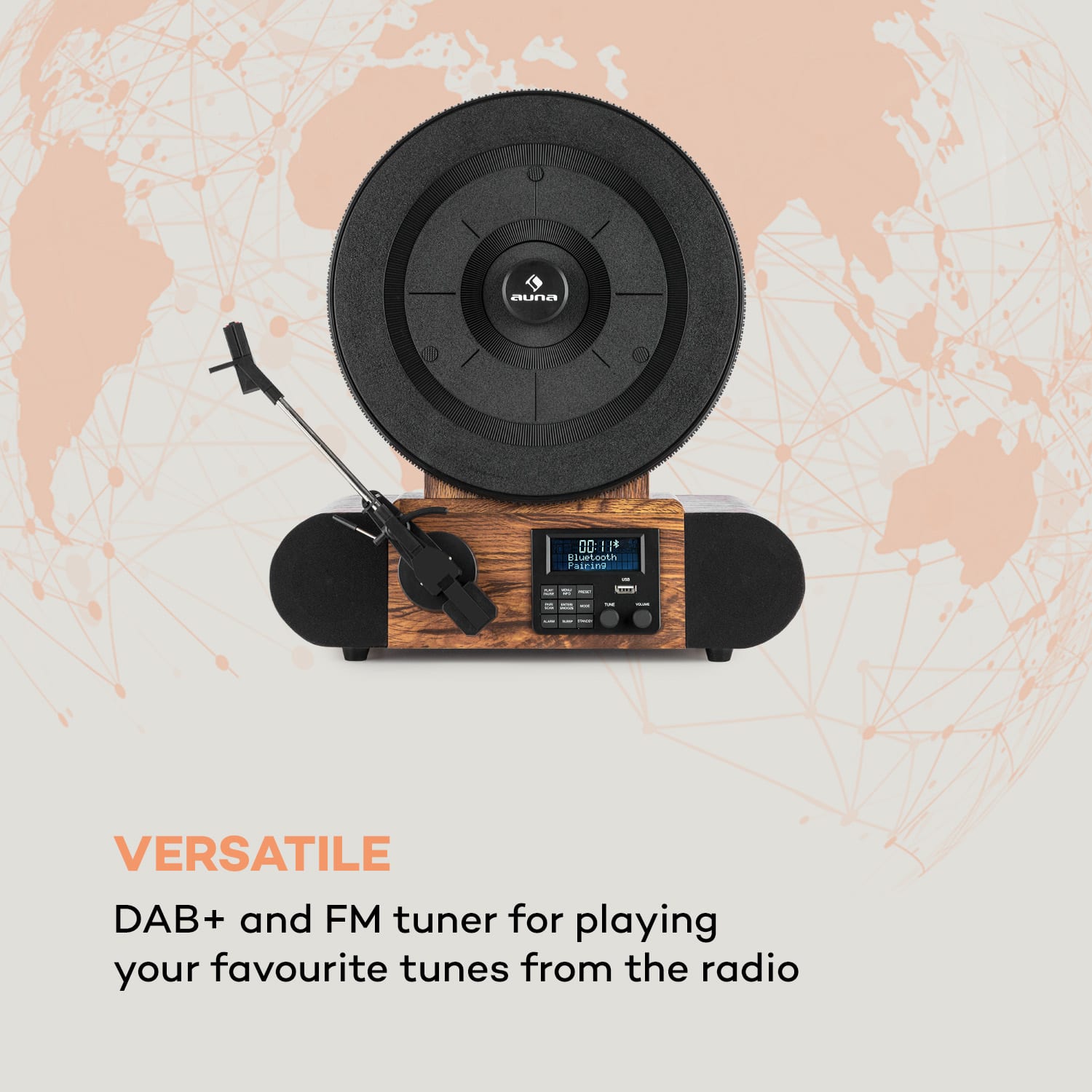 Verticalo SE DAB Retro turntable DAB+ FM tuner USB BT AUX wood With Bluetooth, DAB + and FM tuner
