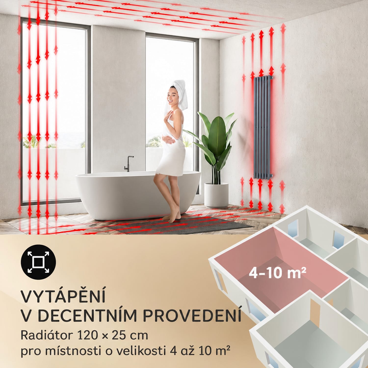Delgado, radiátor, 120 x 25 cm, 508 W, teplovodní, 1/2", 4-10 m², šedý 120 x 25 cm
