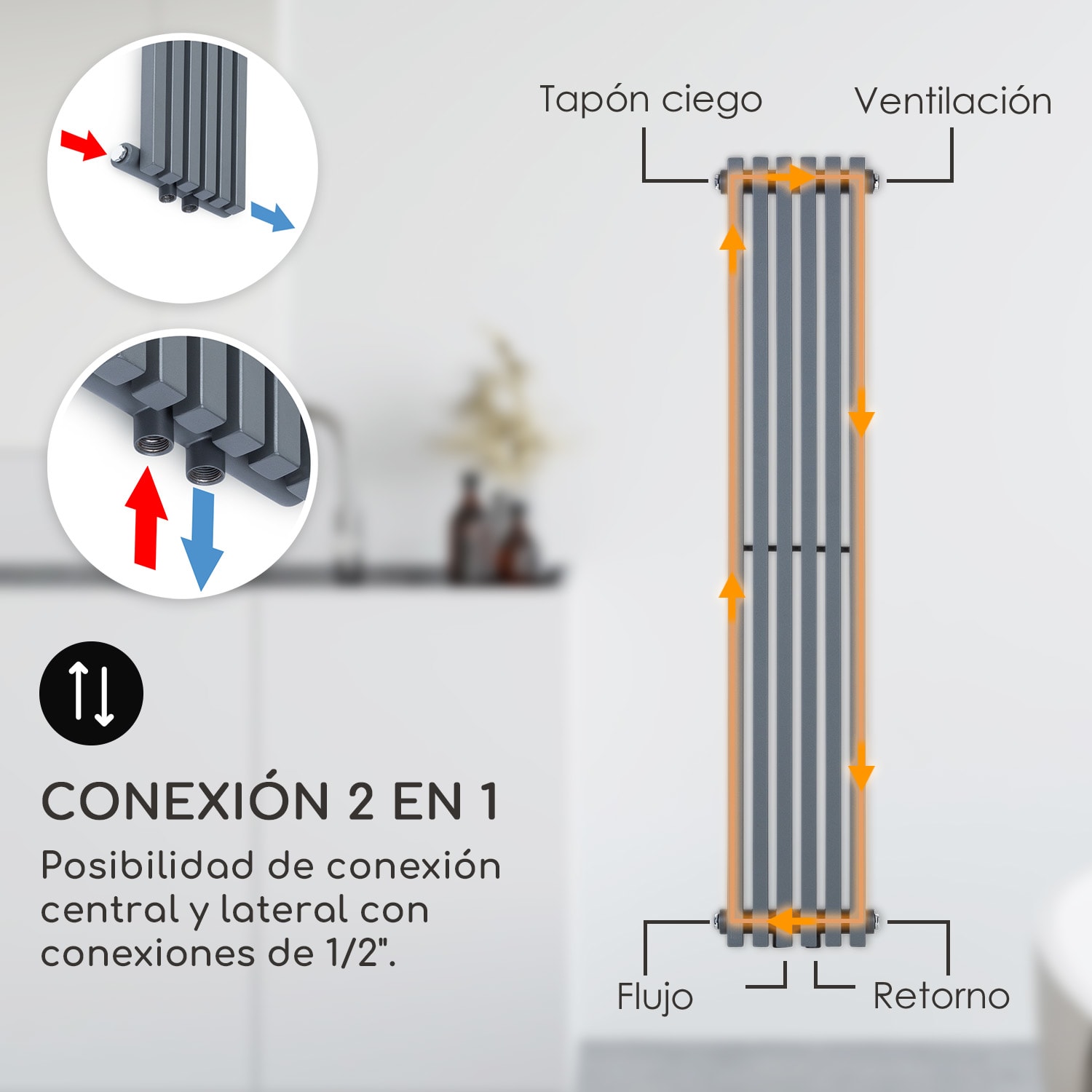 Delgado 120 x 25 Radiador de agua de 508 W 1/2" 4-10m² Gris 