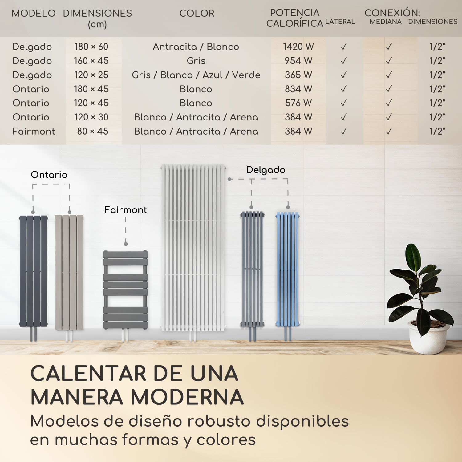 Delgado 120 x 25 Radiador de agua de 508 W 1/2" 4-10m² Gris 