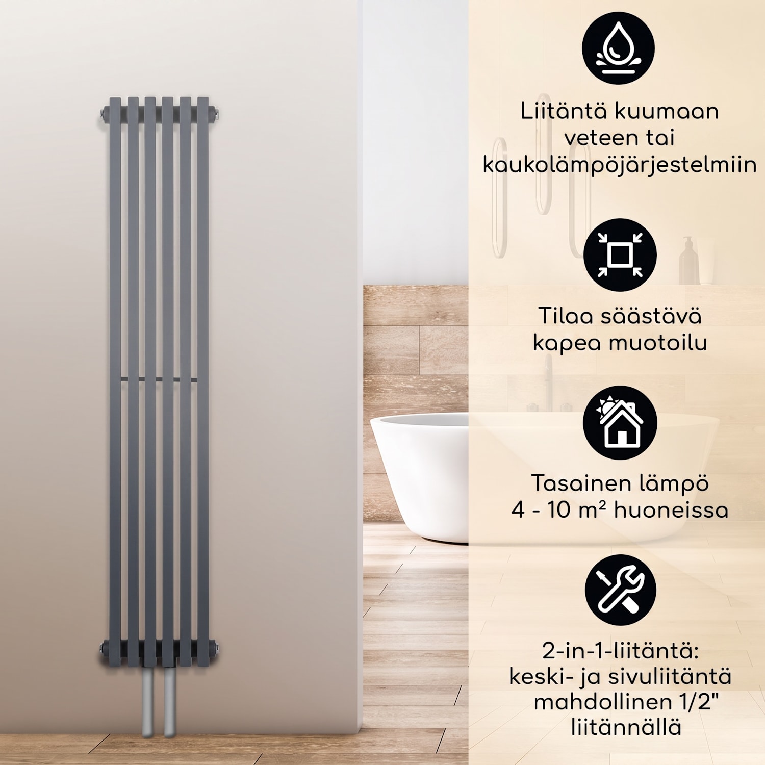 Delgado 120 x 25 -lämmitin 508 W lämminvesi 1/2" 4–10 m² harmaa 120 x 25 cm