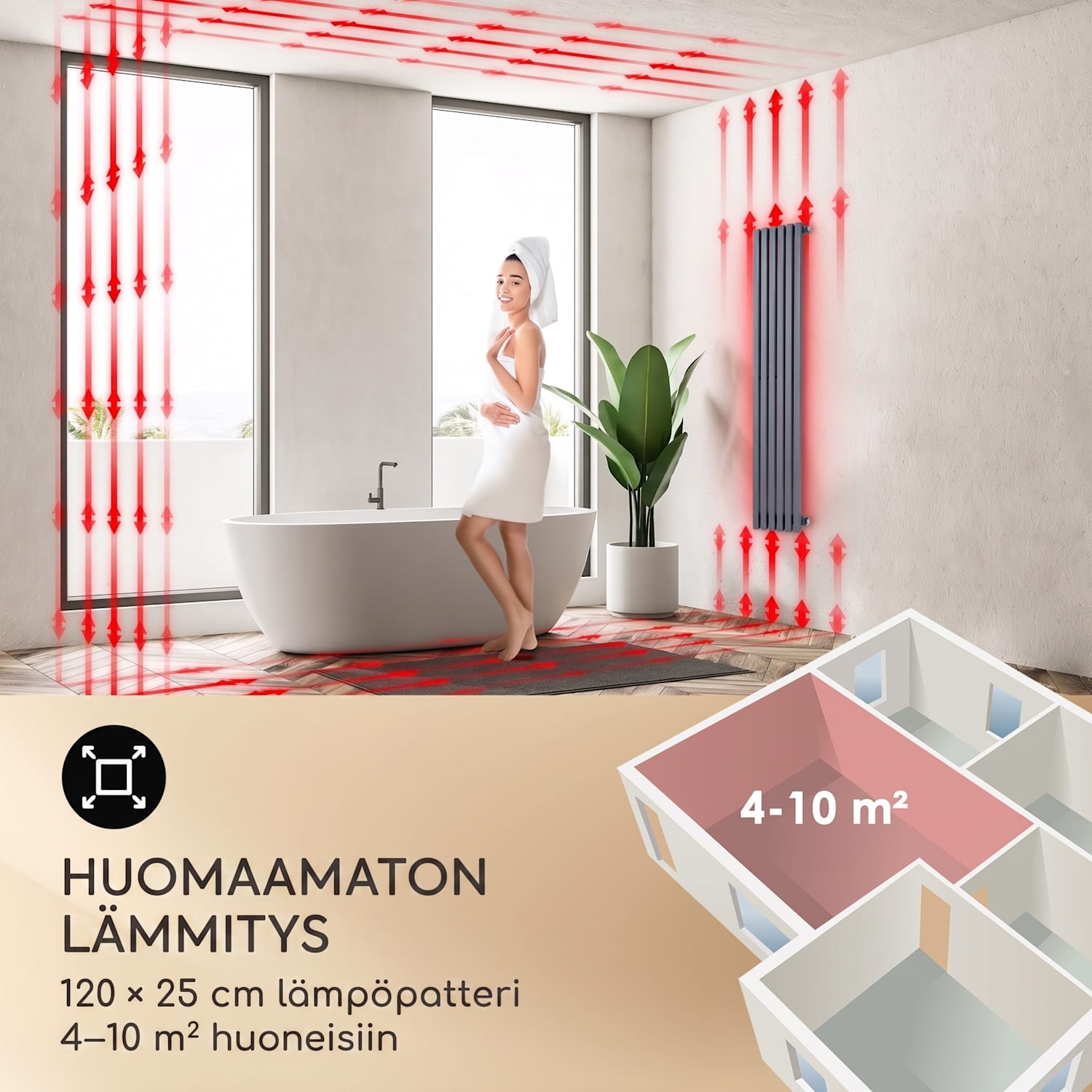 Delgado 120 x 25 -lämmitin 508 W lämminvesi 1/2" 4–10 m² harmaa 120 x 25 cm