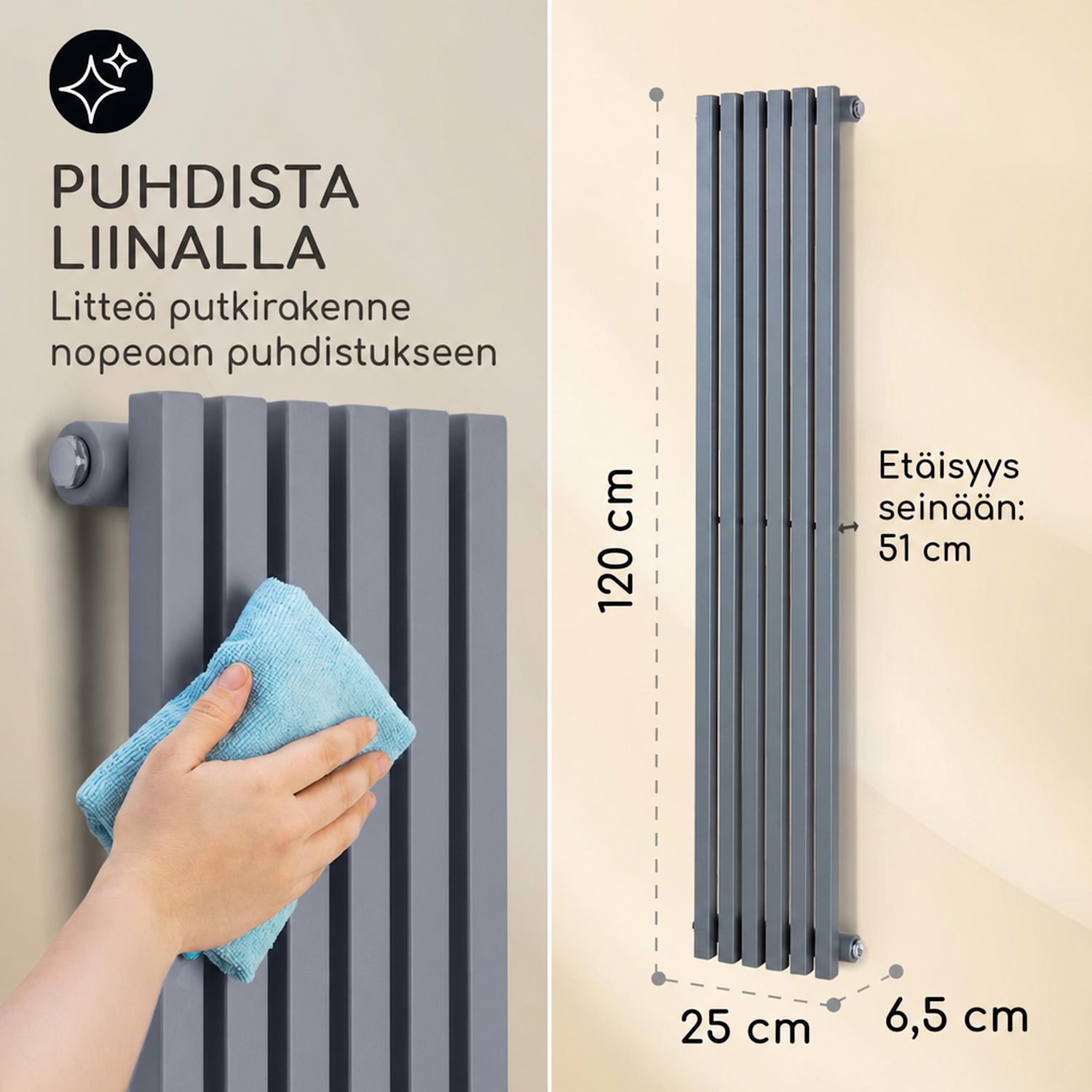 Delgado 120 x 25 -lämmitin 508 W lämminvesi 1/2" 4–10 m² harmaa 120 x 25 cm