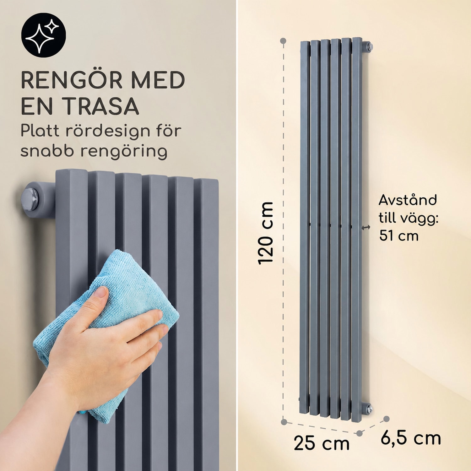 Delgado 120 x 25 element 508W varmvatten 1/2" 4-10m² grå 120 x 25 cm