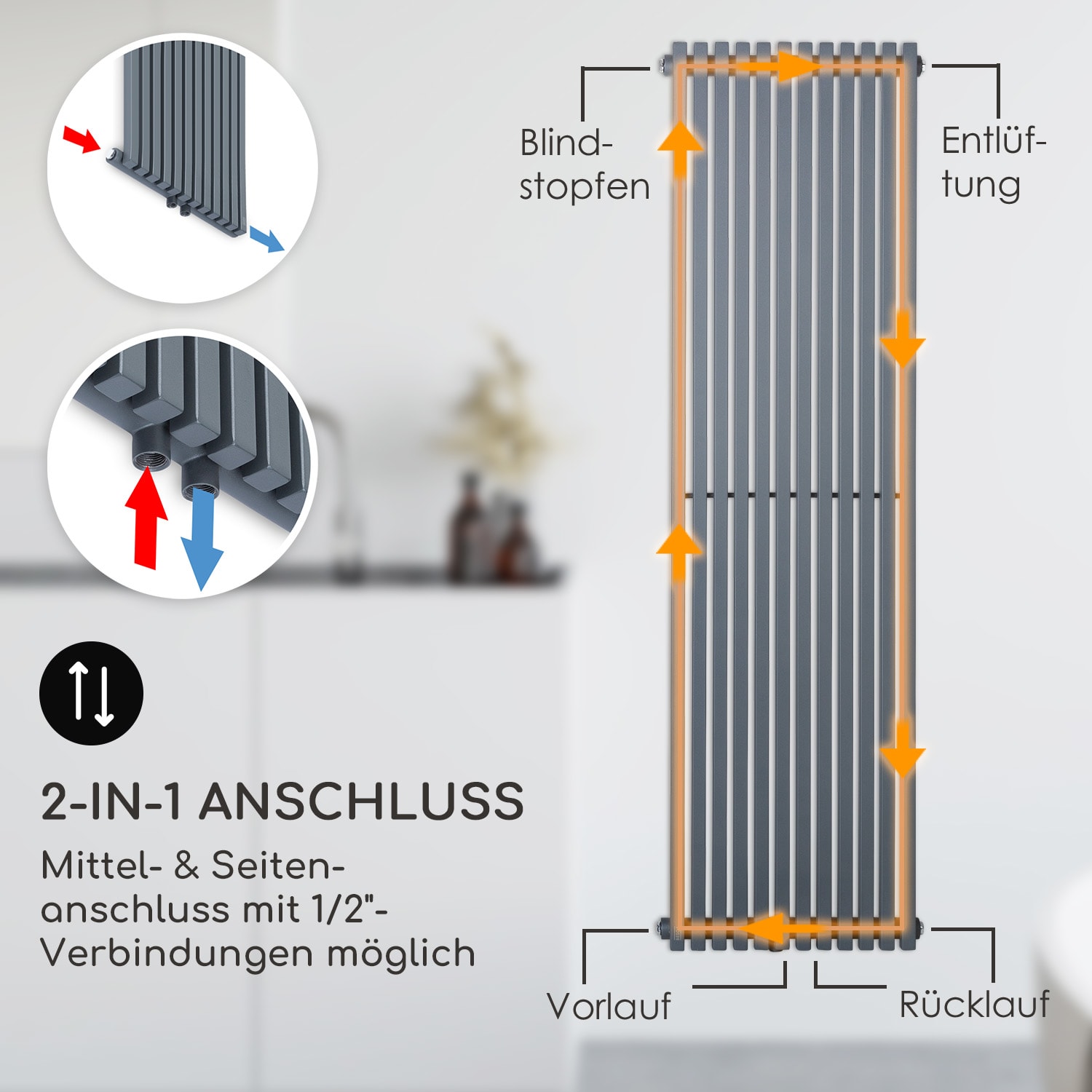 Delgado 160 x 45 Heizkörper 822W Warmwasser 1/2" 8-20m² grau 160 x 45 cm