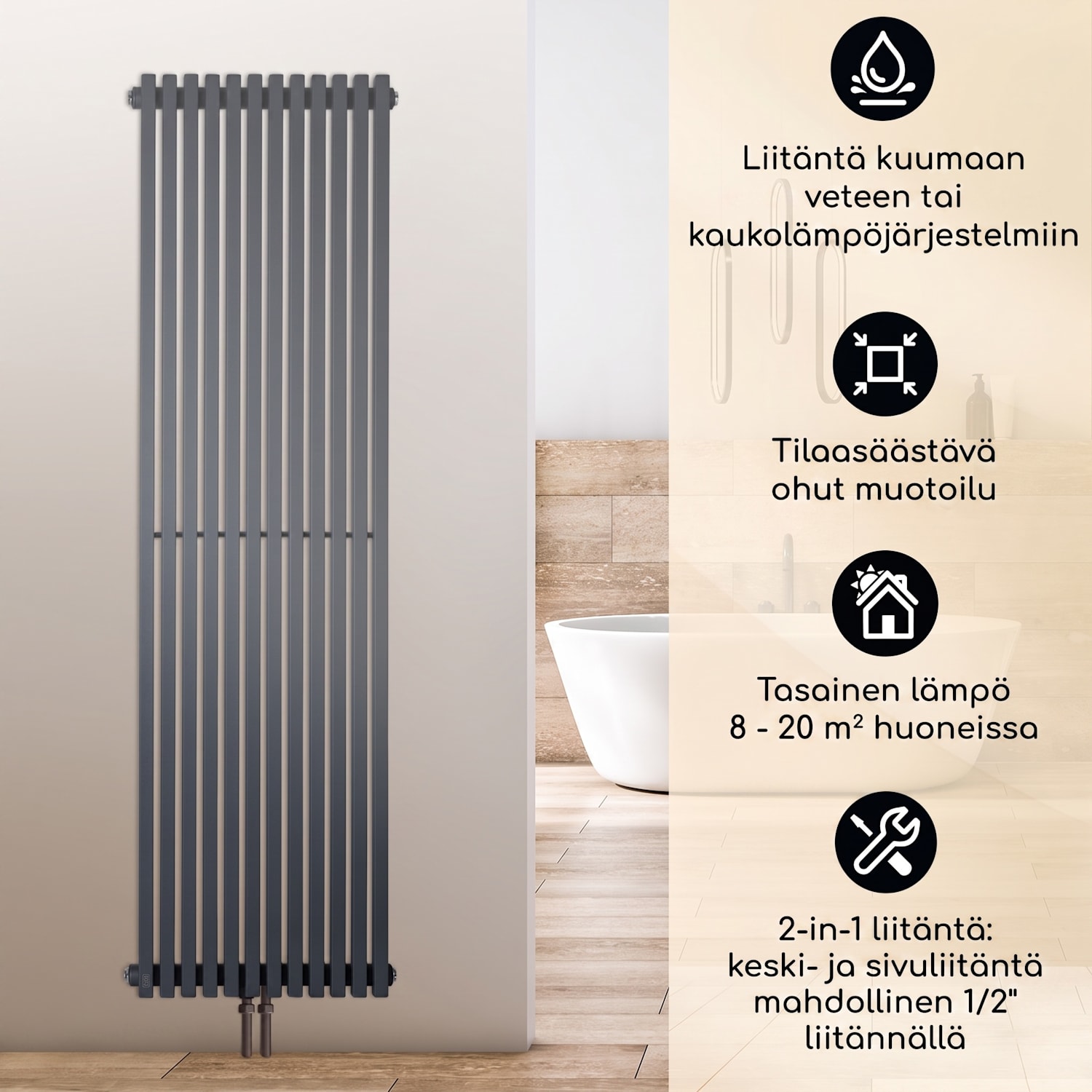 Delgado 160 x 45 -lämmitin 822 W lämminvesi 1/2" 8–20 m² harmaa 160 x 45 cm