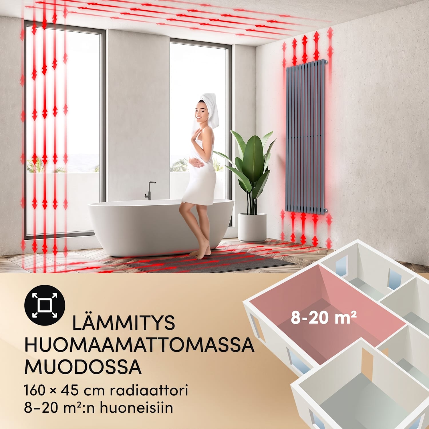 Delgado 160 x 45 -lämmitin 822 W lämminvesi 1/2" 8–20 m² harmaa 160 x 45 cm