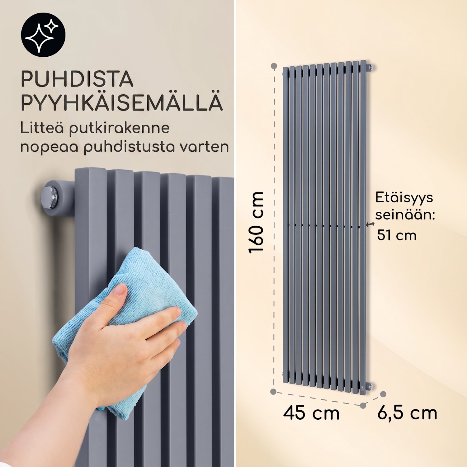 Delgado 160 x 45 -lämmitin 822 W lämminvesi 1/2" 8–20 m² harmaa 160 x 45 cm