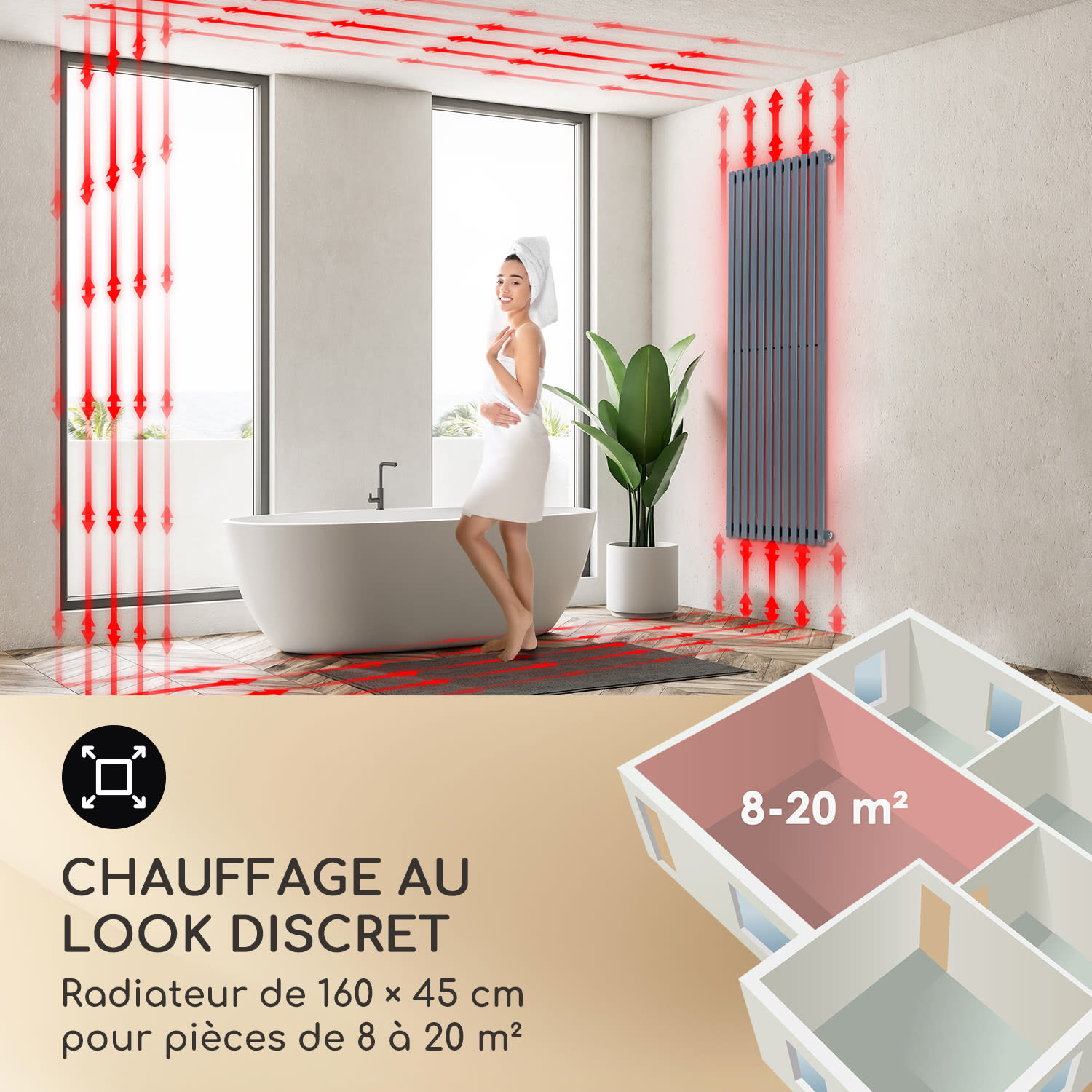 Delgado Radiateur à eau chaude 822W montage mural pour 20m² - Gris 160 x 45 cm