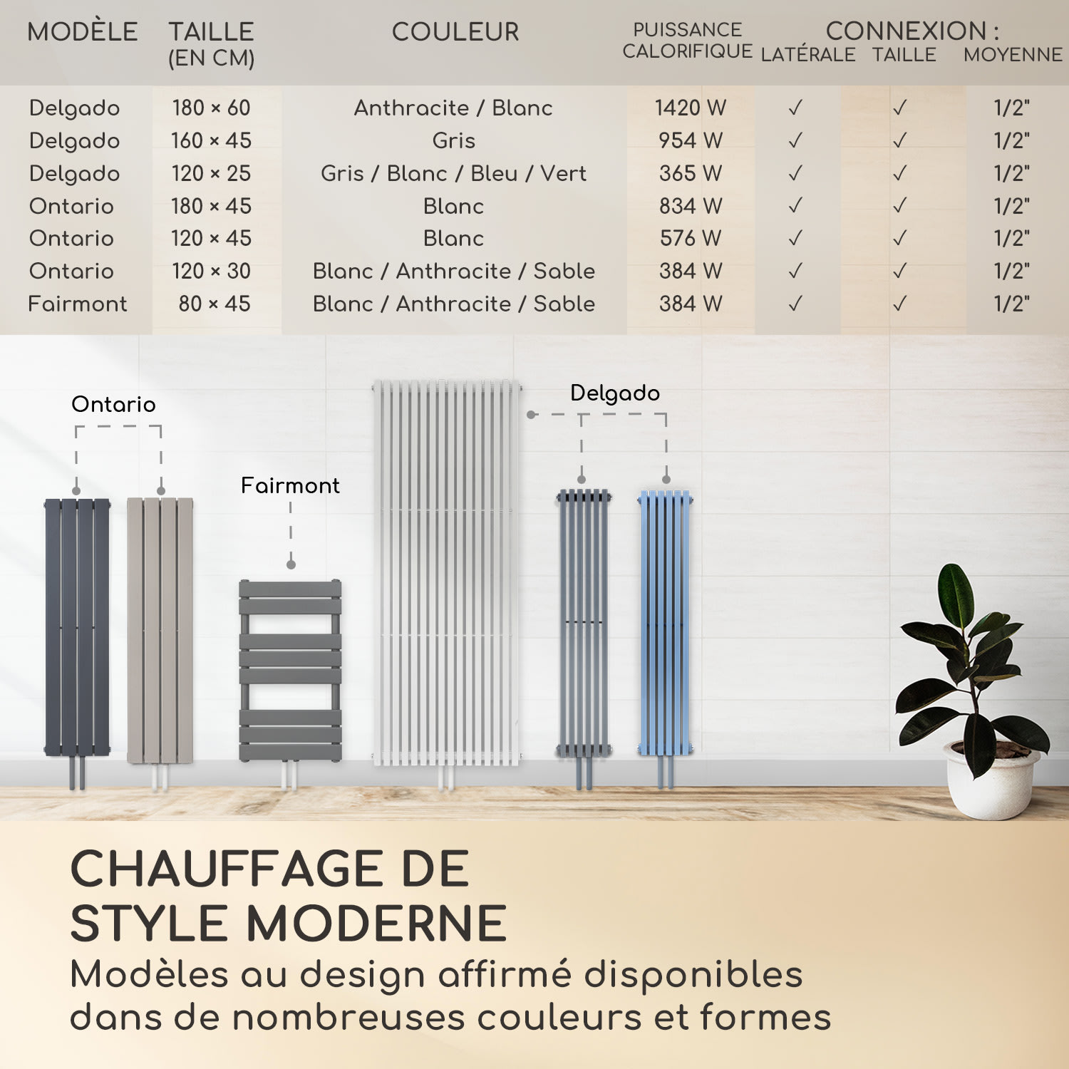 Delgado Radiateur à eau chaude 822W montage mural pour 20m² - Gris 160 x 45 cm