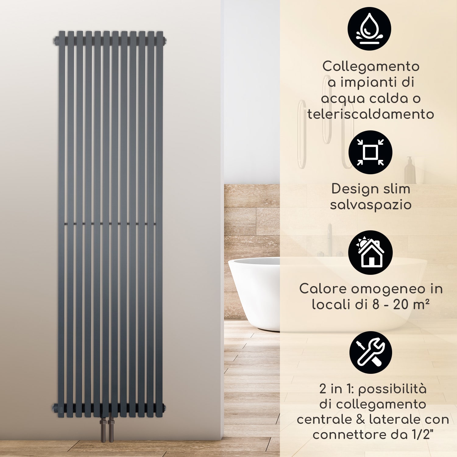 Delgado 160 x 45 Termosifone 822W Collegamento 1/2" 8-20m² grigio 160 x 45 cm