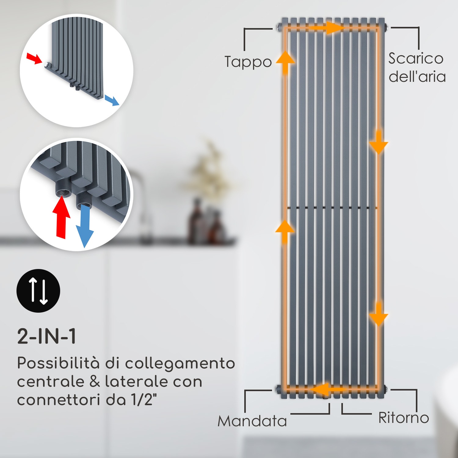 Delgado 160 x 45 Termosifone 822W Collegamento 1/2" 8-20m² grigio 160 x 45 cm