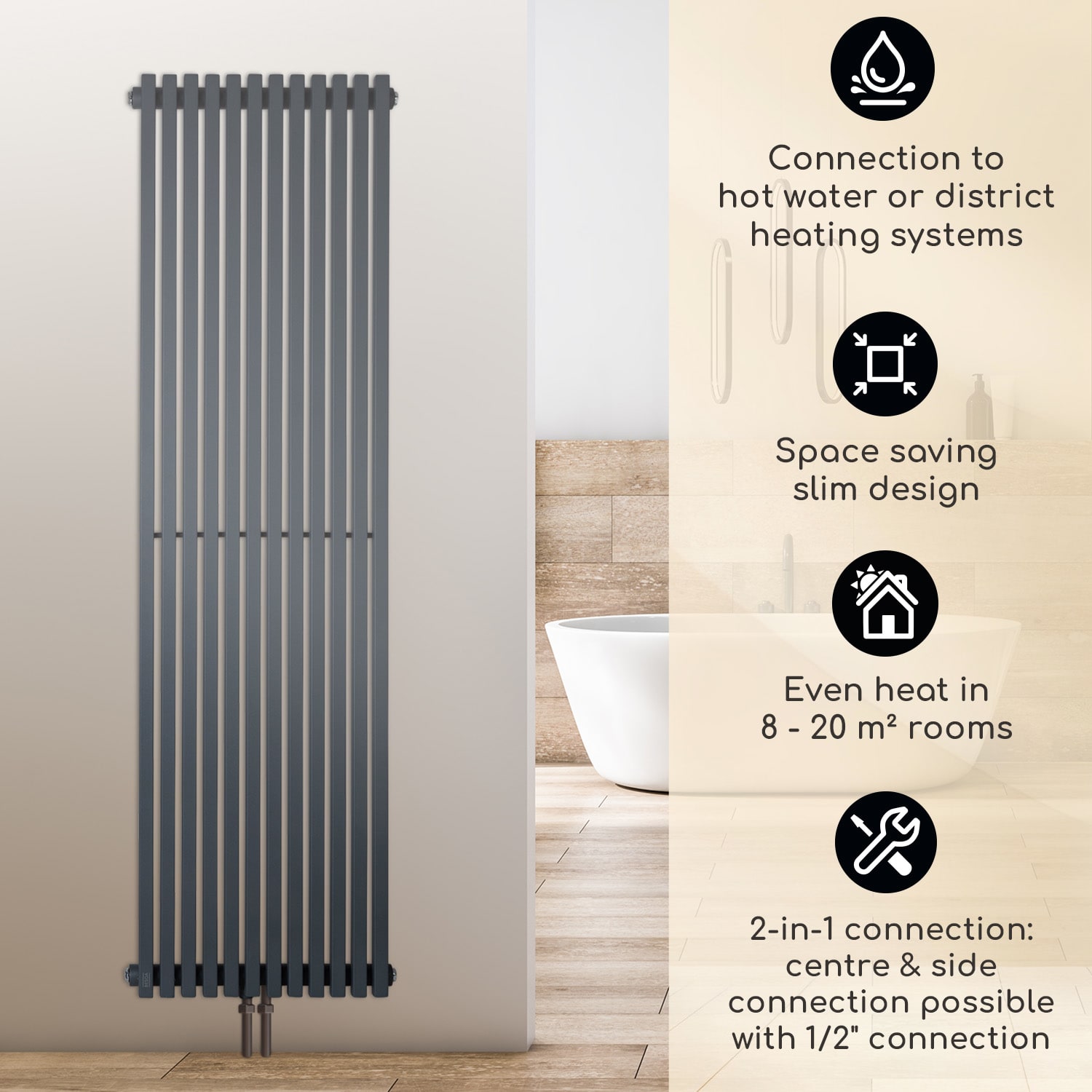 Delgado 160 x 45 radiator 822W warmwater 1/2" 8-20m² grijs 160 x 45 cm
