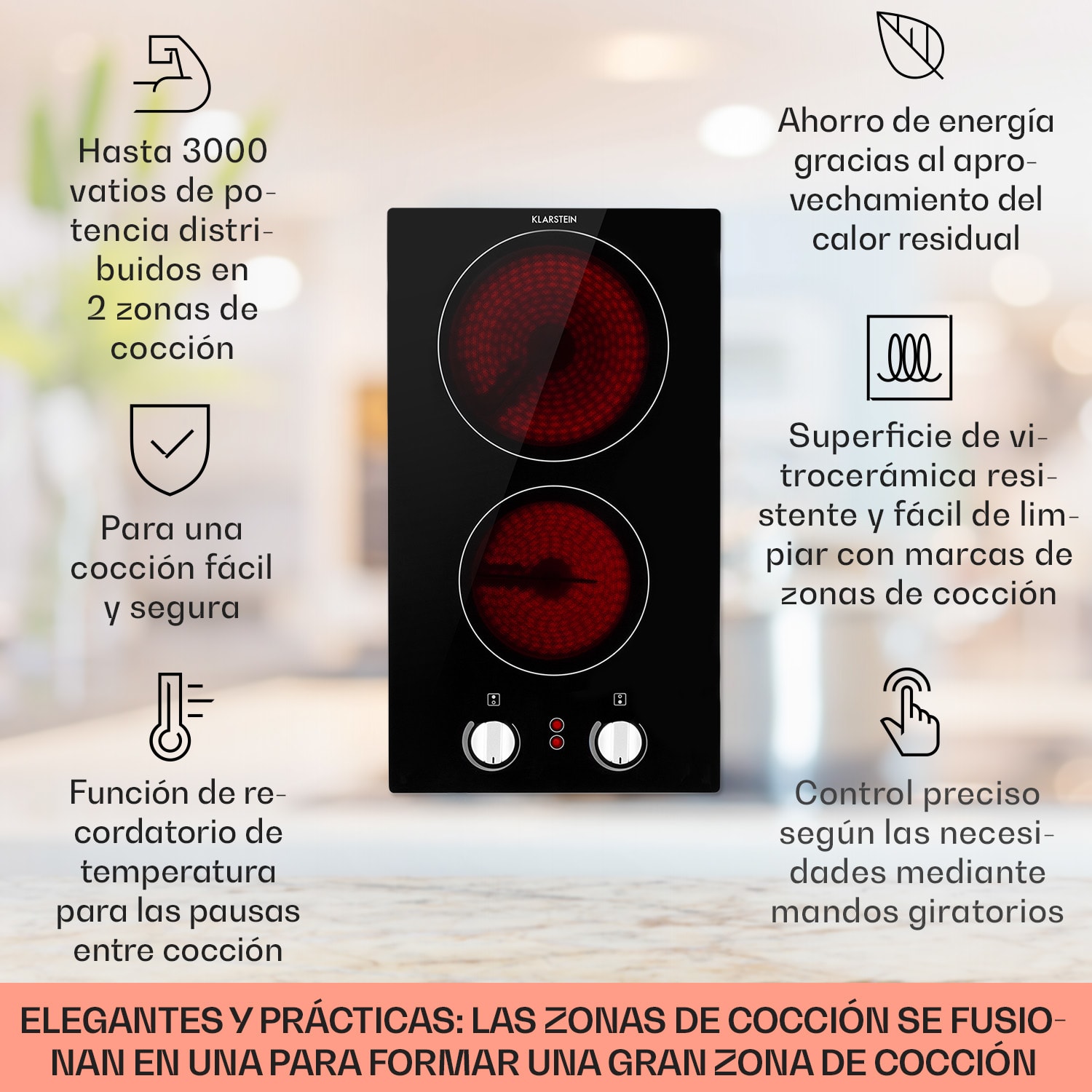 EasyCook Domino Placa cerámica de cocción 3000W regulador giratorio negro 30 cm
