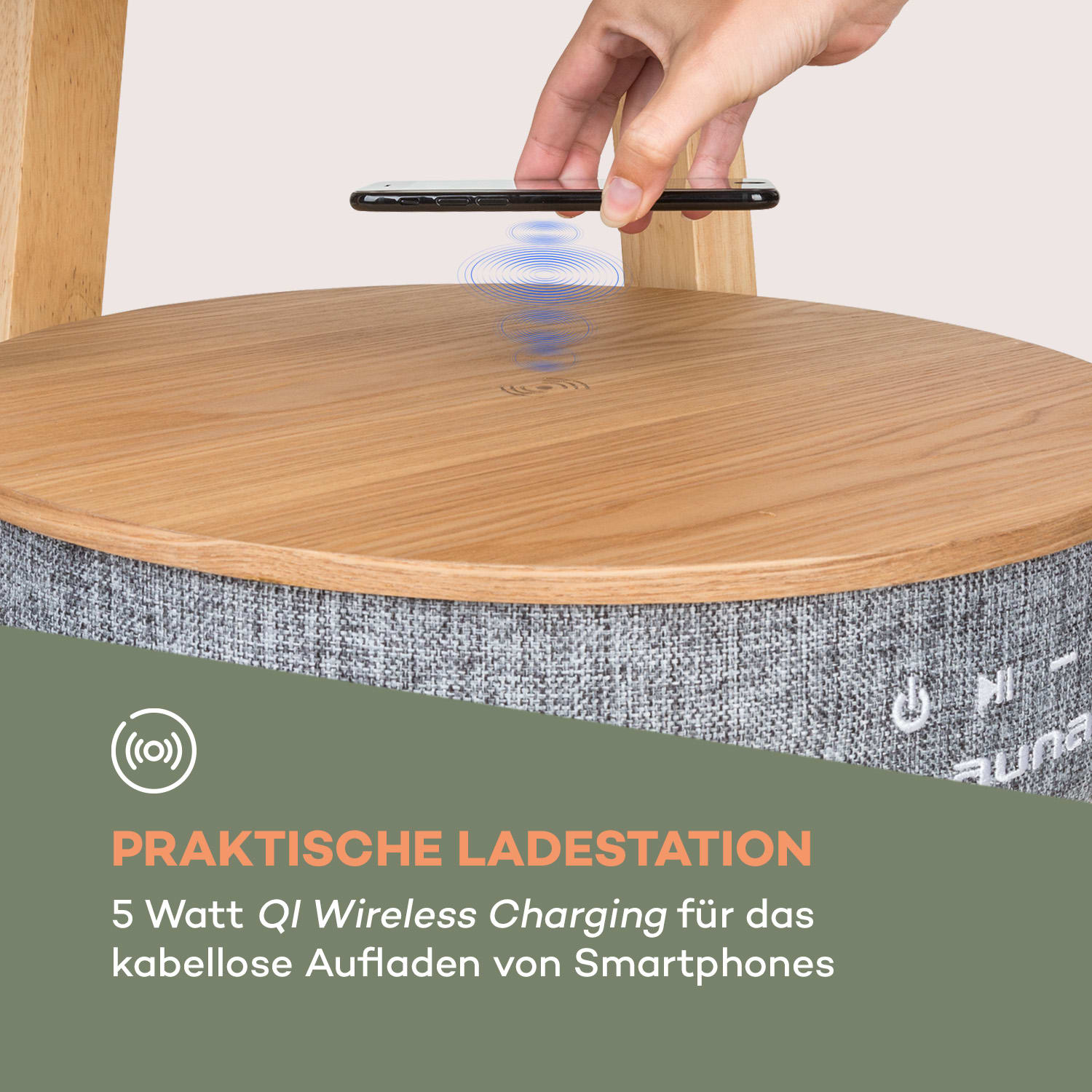 Paris Lautsprechertisch 30W RMS BT Wireless Charging 2200 mAh holz Braun