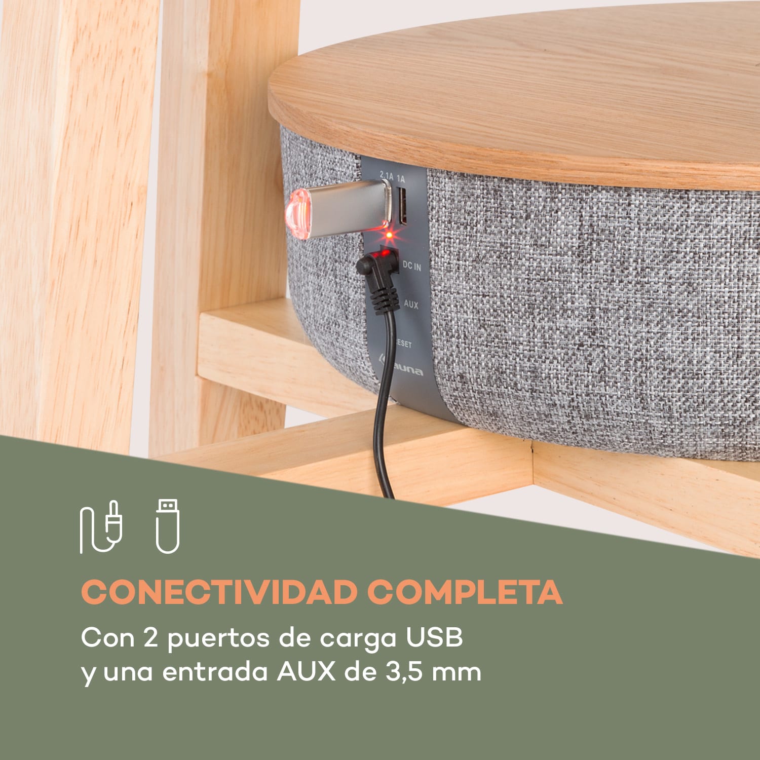 París mesa de altavoces 30W RMS BT carga inalámbrica 2.200 mAh madera Marrón