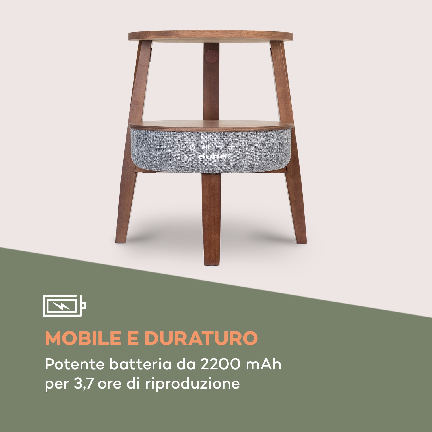 Paris tavolino con altoparlante 30W RMS BT Wireless Charging 2200 mAh noce