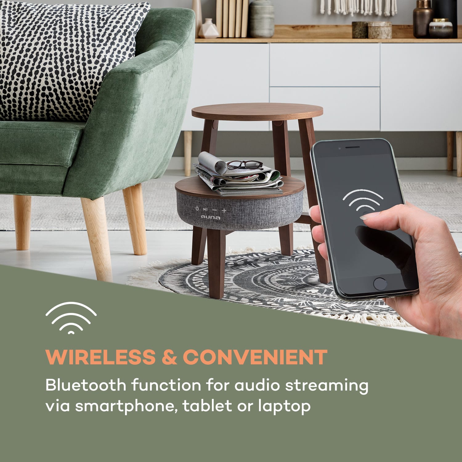Paris, stolek s reproduktorem, 30 W, RMS, BT, bezdrátové nabíjení, 2200 mAh, ořech