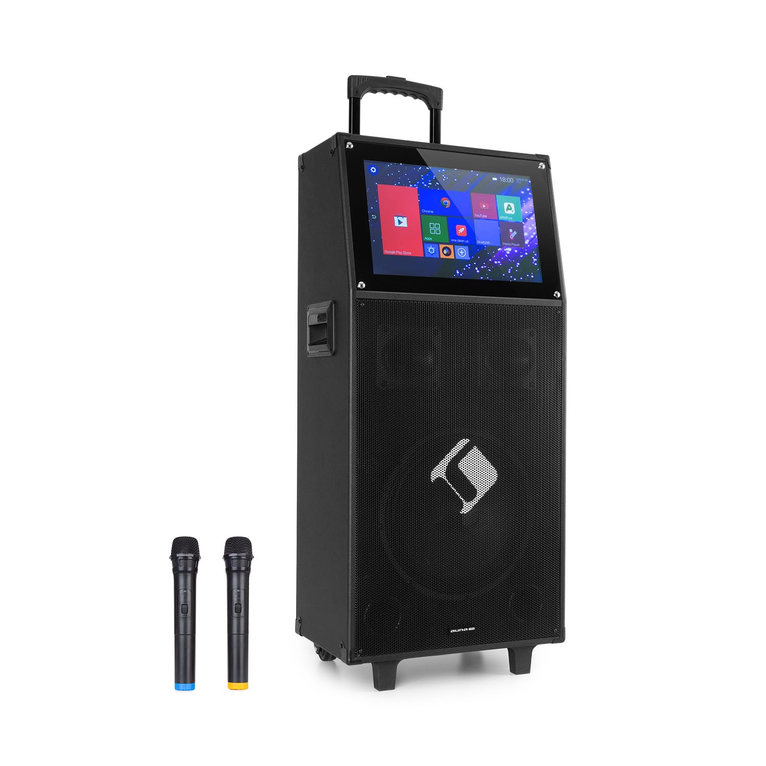 KTV, karaoke systém, 15,4" dotykový display, 2 UHF mikrofony, WiFi, BT, USB, SD, HDMI, vozík