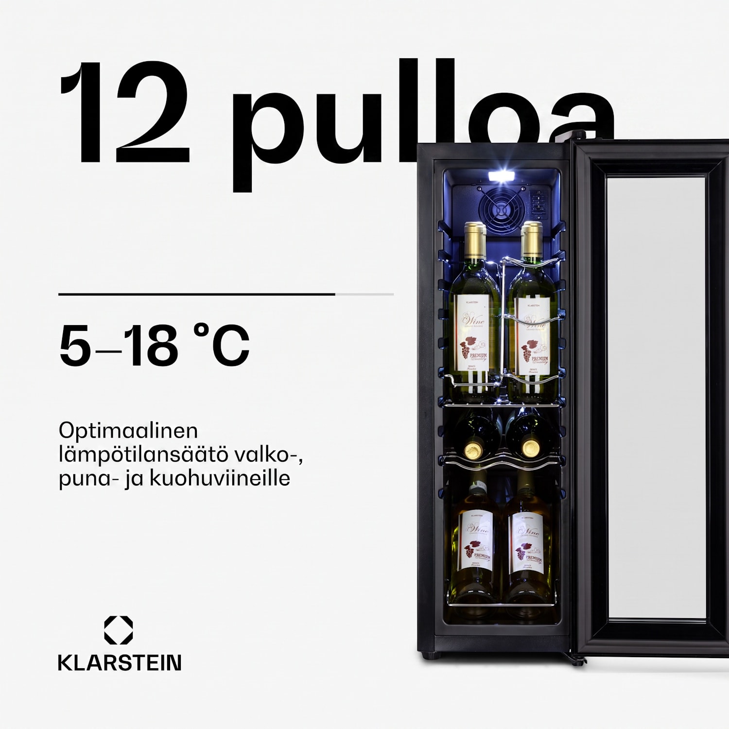 Shiraz 12 Slim Uno viinikaappi 32 l/12 pullolle kosketus 85 W 5-18 °C LED 12 pulloa | 1 jäähdytysalue | Musta