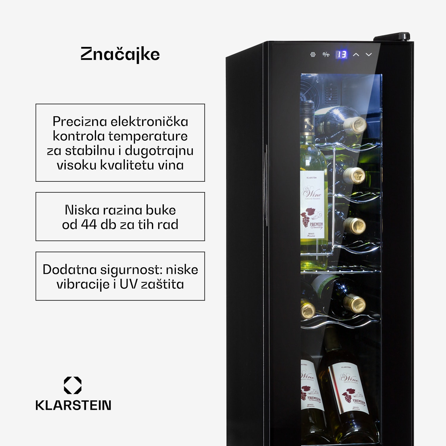 Shiraz 12 Slim, vinoteka, 32 l / 12 boca, upravljačka ploča sa zaslonom osjetljivim na dodir, 85 W, 5 - 18 ° C 12 boca | 1 | Crna