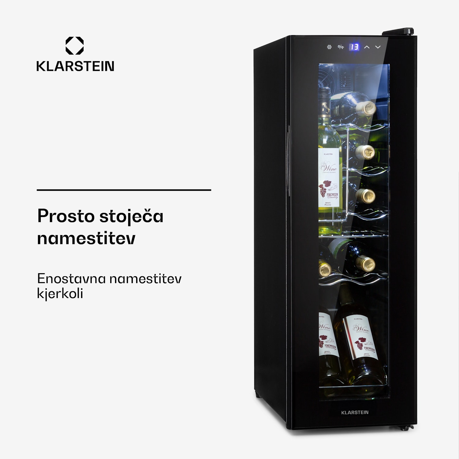 Shiraz 12 Slim, hladilnik za vino. 32 l/12 steklenic, nadzorna plošča na dotik, 85 W, 5 - 18 °C 12 steklenic | 1 | Črna