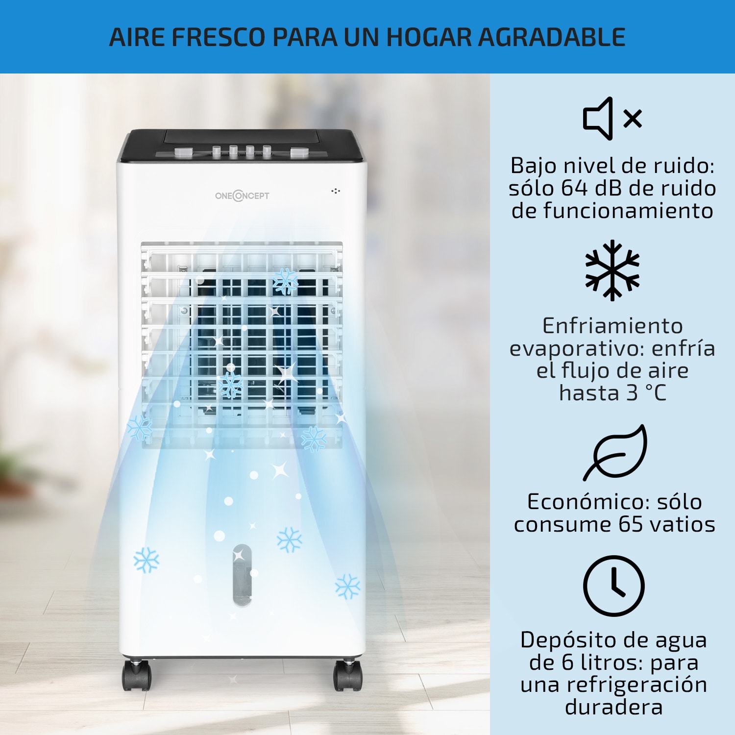 Freshboxx Climatizador evaporativo 3 en 1 de 65W y 360m³/h 3 niveles de ventilación color blanco 
