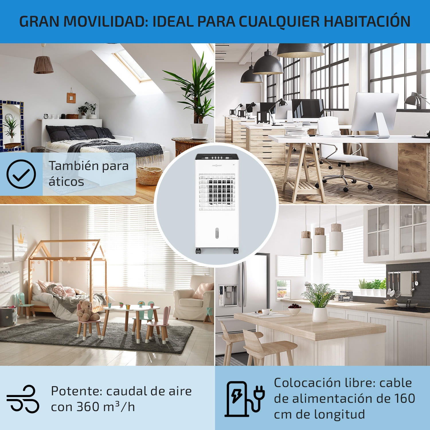 Freshboxx Climatizador evaporativo 3 en 1 de 65W y 360m³/h 3 niveles de ventilación color blanco 