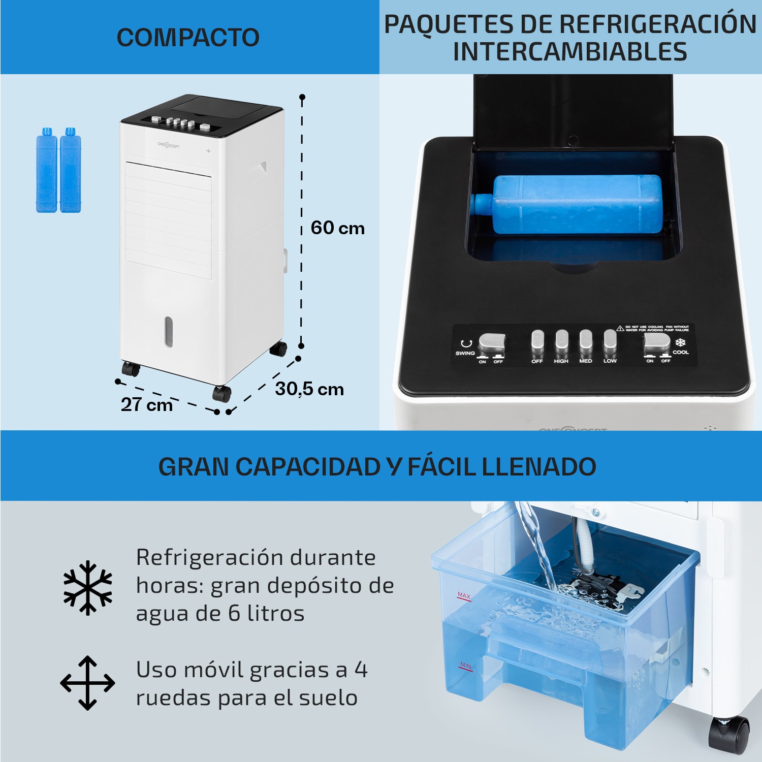 Freshboxx Climatizador evaporativo 3 en 1 de 65W y 360m³/h 3 niveles de ventilación color blanco 