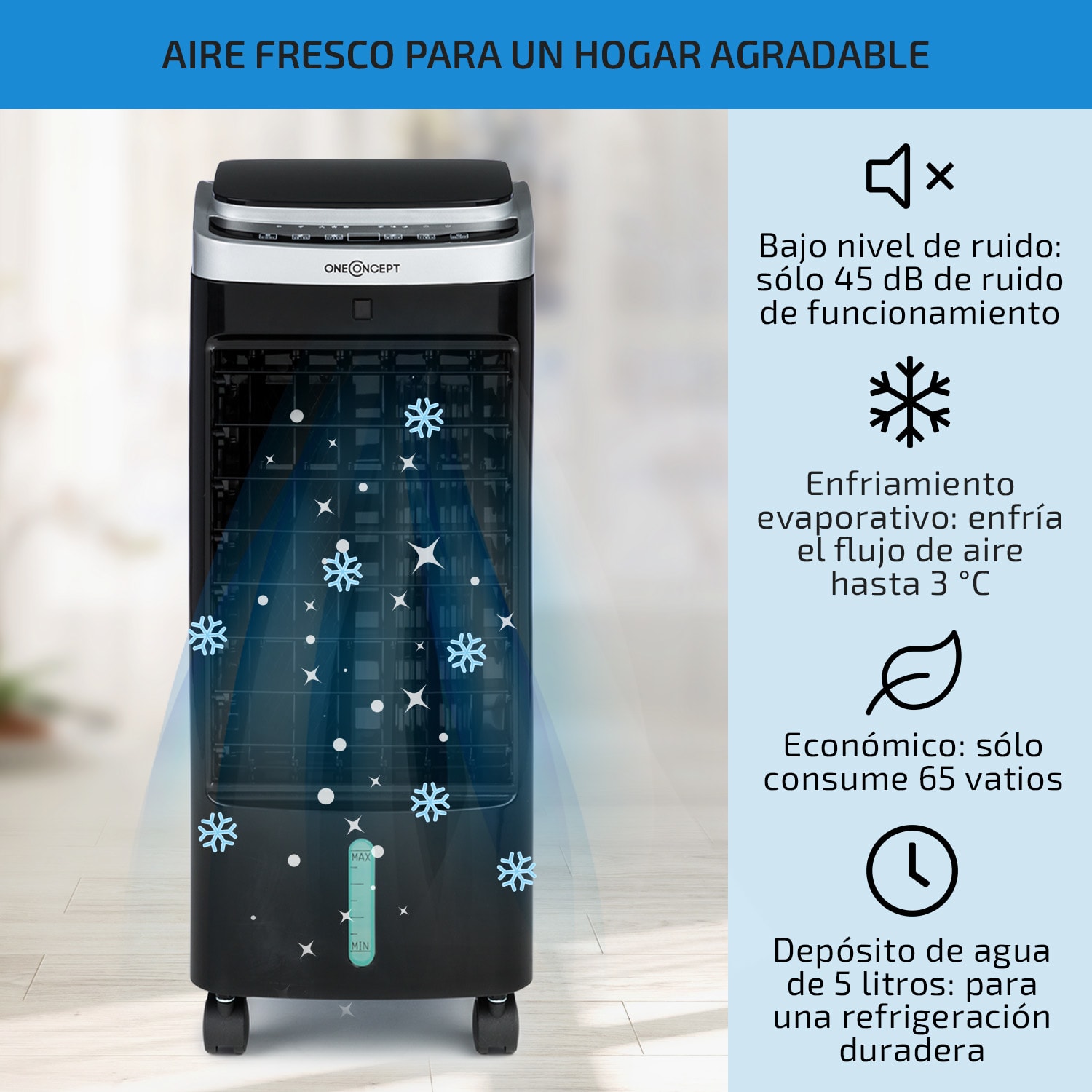 Freshboxx Pro Climatizador evaporativo 3 en 1 de 65W y 966m³/h 3 niveles de potencia Negro Negro