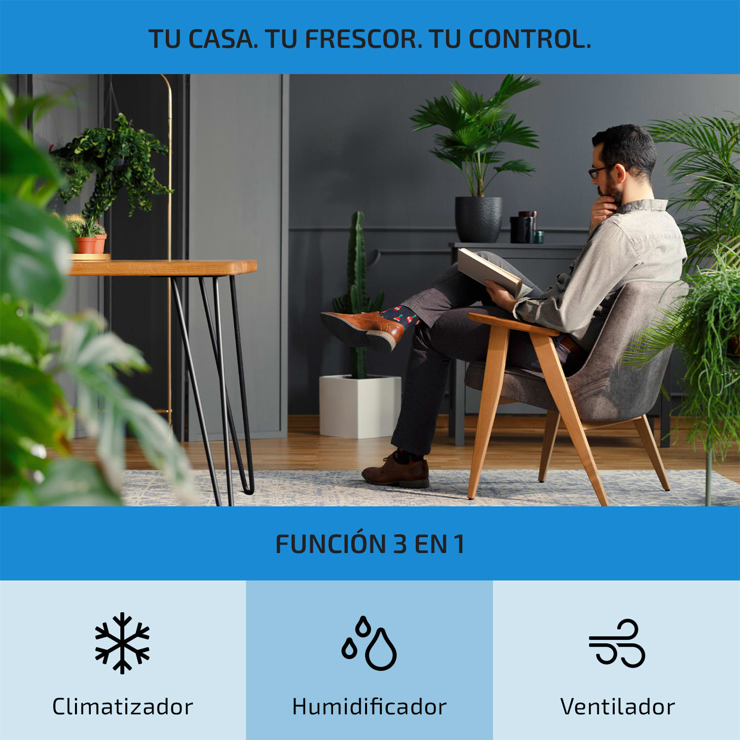 Freshboxx Pro Climatizador evaporativo 3 en 1 de 65W y 966m³/h 3 niveles de potencia Negro Negro