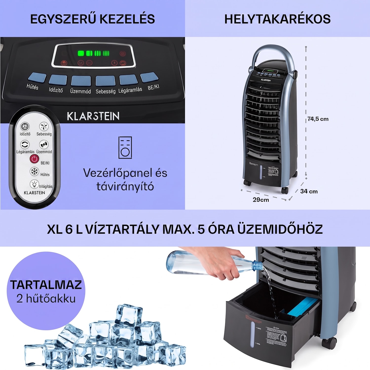 Maxfresh, ventilátor, léghűtő, 3 v 1, 6L, 65W, távirányító, 2 x jégcsomag 444 m³/h | Nem | Fekete / kék