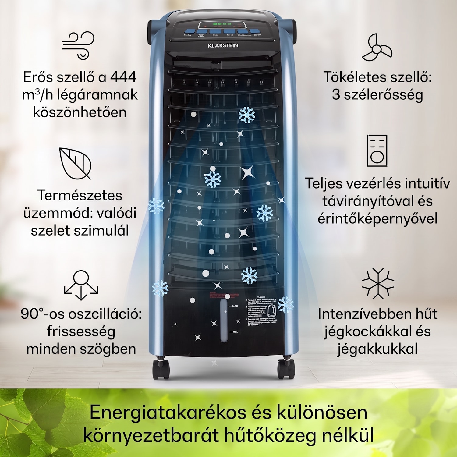 Maxfresh, ventilátor, léghűtő, 3 v 1, 6L, 65W, távirányító, 2 x jégcsomag 444 m³/h | Nem | Fekete / kék