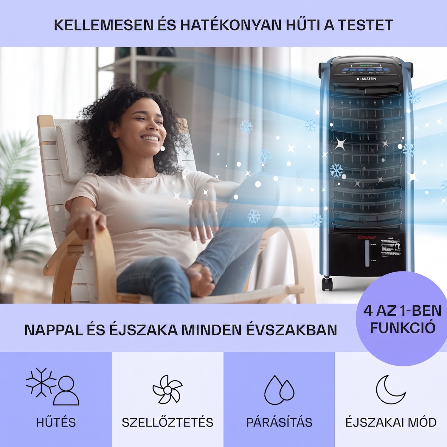 Maxfresh, ventilátor, léghűtő, 3 v 1, 6L, 65W, távirányító, 2 x jégcsomag 444 m³/h | Nem | Fekete / kék