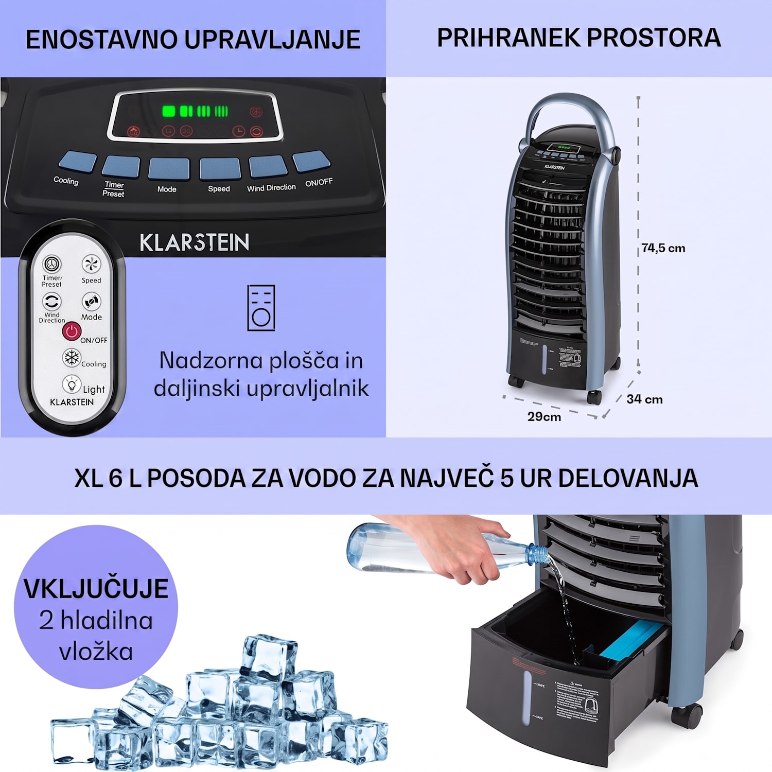 Maxfresh, Hladilec zraka, ventilator, 3 v 1, 6 l, 65 W, daljinski upravljalnik, 2 x hladilni komplet 