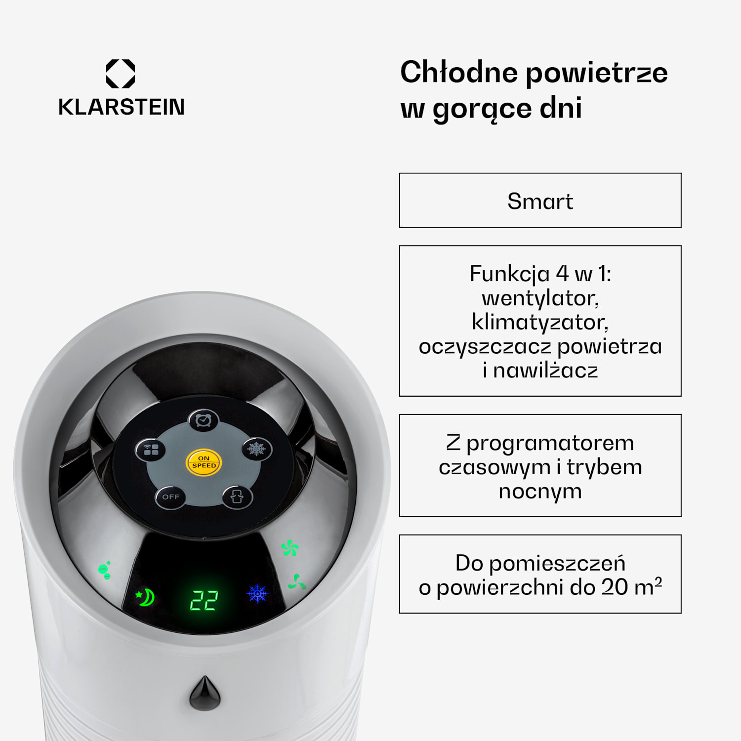 Skyscraper Ice, klimator 4 w 1, wentylator, oczyszczacz powietrza, nawilżacz powietrza, 210 m³/h, 30 W, oscylacja, przenośny, zdalne sterowanie 
