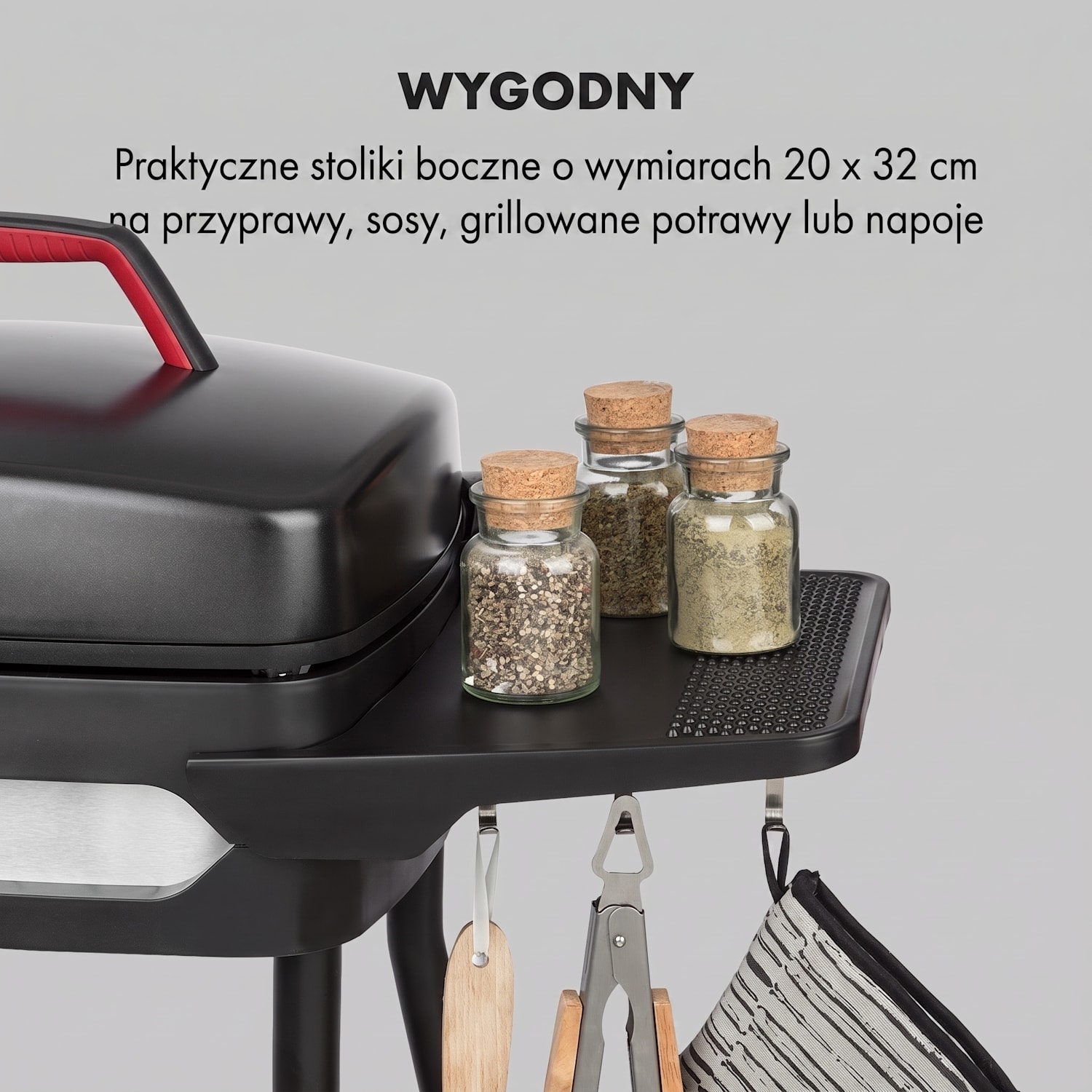 Gatsby, grill elektryczny, 2000 W, płyta grillowa z powłoką nieprzywierającą, stoliki boczne Czarny