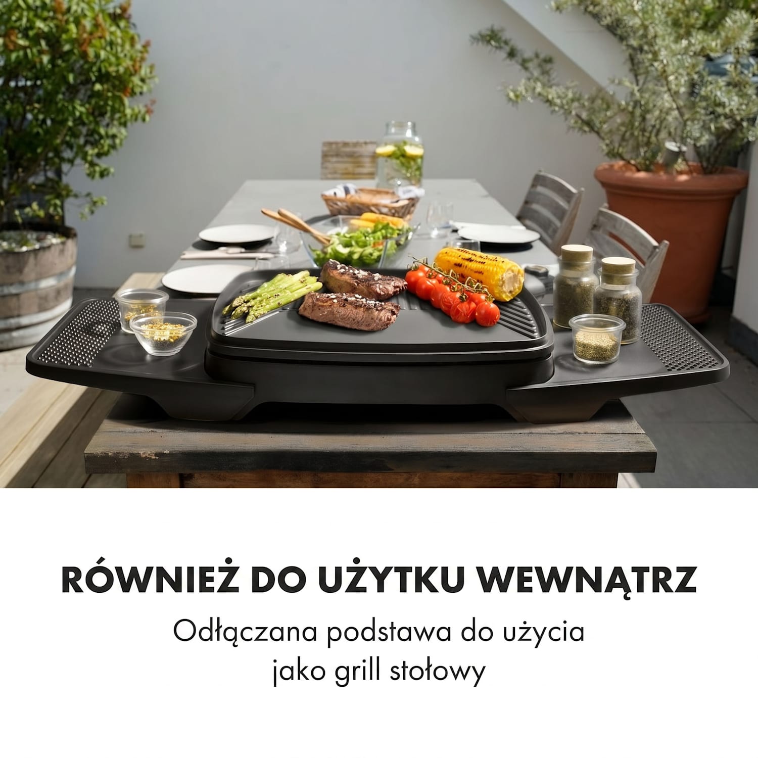 Gatsby, grill elektryczny, 2000 W, płyta grillowa z powłoką nieprzywierającą, stoliki boczne Czarny
