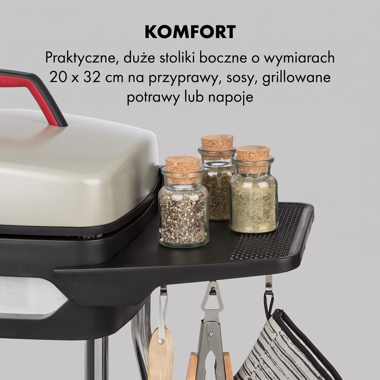 Gatsby, grill elektryczny, 2000 W, płyta grillowa z powłoką nieprzywierającą, stoliki boczne Piasek