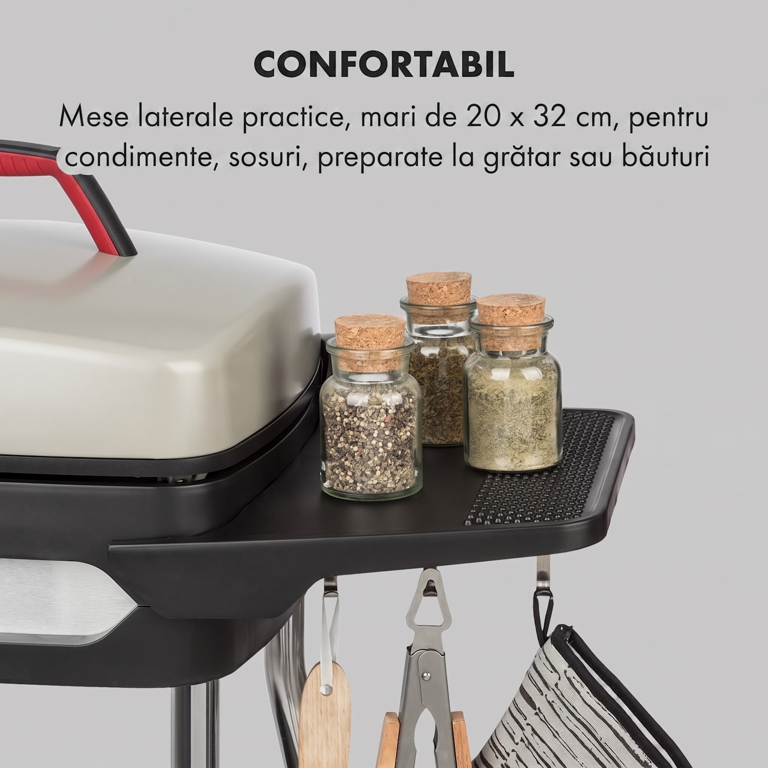 Gatsby, grill electric, 2000 W, grilaj antiaderent, măsuțe laterale, bej/negru Nisip